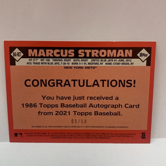 2021 Topps Marcus Stroman Mets Auto 09/50 Gold #86A-MST (MISC8) - Picture 2 of 3